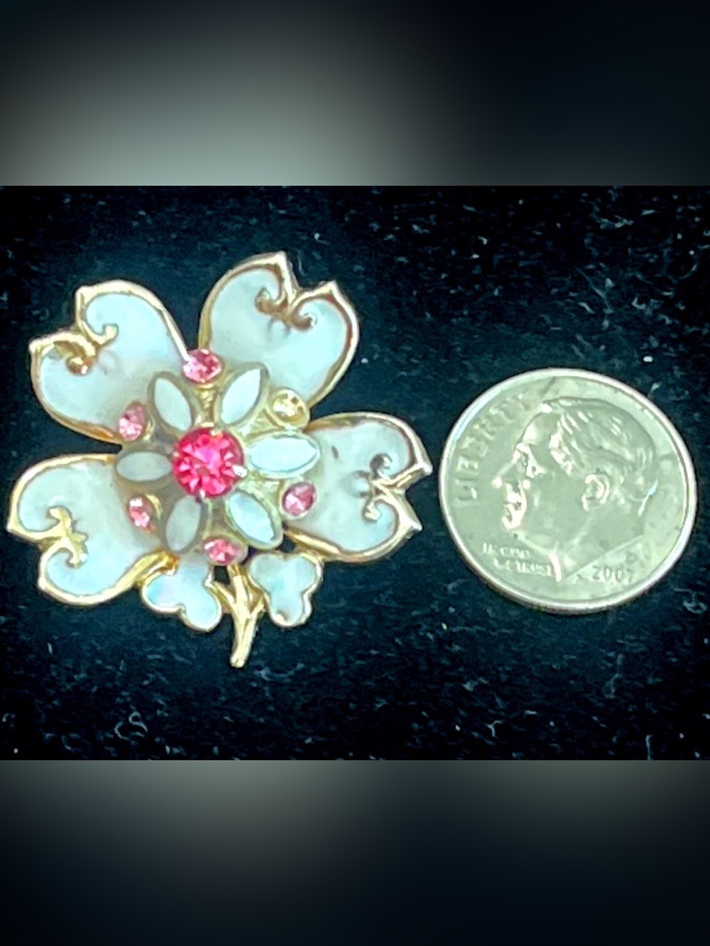 Coro Gold-Tone White Enamel Floral Brooch with Pink Rhinestones - Picture 5 of 5